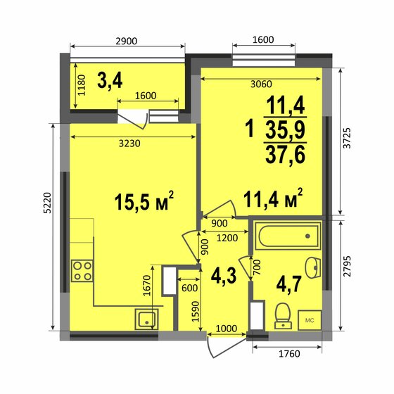 37,6 м², 1-комнатная квартира 3 572 000 ₽ - изображение 1