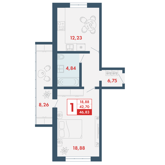 46,8 м², 1-комнатная квартира 4 027 380 ₽ - изображение 1