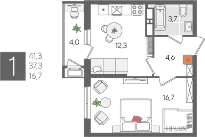 Квартира 41,3 м², 1-комнатная - изображение 2