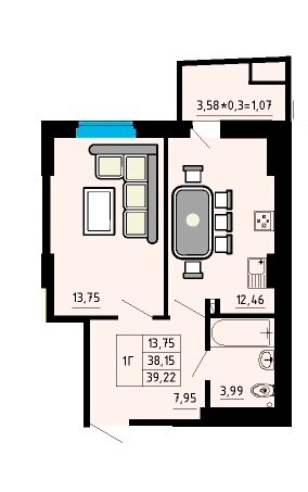 39,1 м², 1-комнатная квартира 4 925 340 ₽ - изображение 1