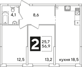 Квартира 56,9 м², 2-комнатная - изображение 2