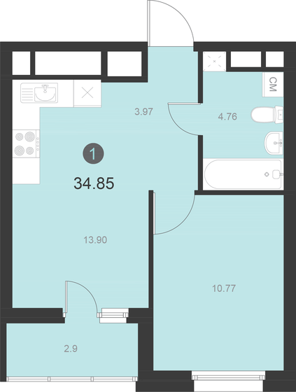 34,6 м², 1-комнатная квартира 7 423 050 ₽ - изображение 1