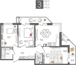 Квартира 88 м², 3-комнатная - изображение 2