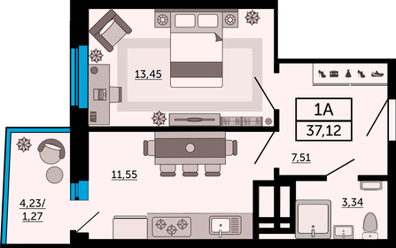 Квартира 37,3 м², 1-комнатная - изображение 1