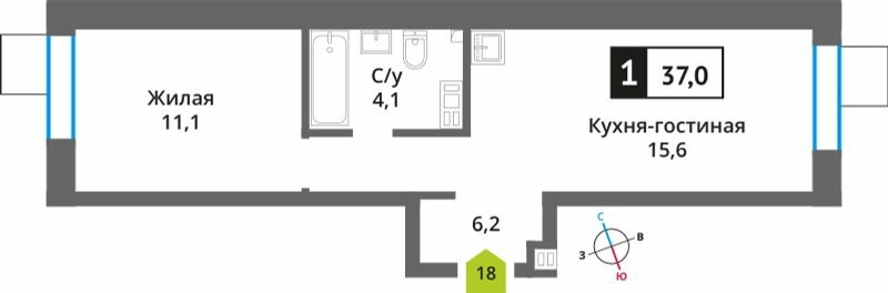 Квартира 37 м², 1-комнатная - изображение 1