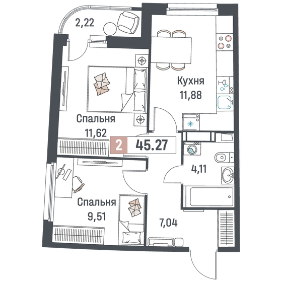 45,3 м², 2-комнатная квартира 7 627 995 ₽ - изображение 1