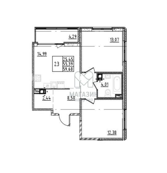 59,7 м², 2-комнатная квартира 9 880 000 ₽ - изображение 1