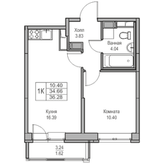 Квартира 34,7 м², 1-комнатная - изображение 3