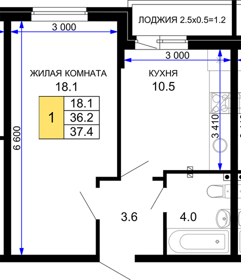 37,4 м², 1-комнатная квартира 4 675 000 ₽ - изображение 1
