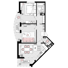 Квартира 62,4 м², 2-комнатная - изображение 1