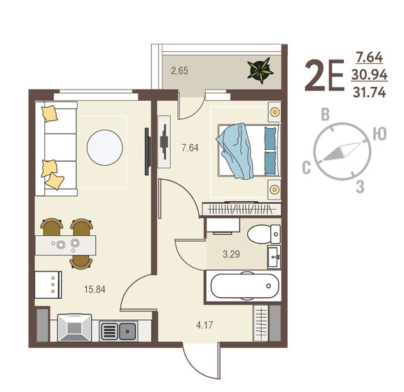 31,7 м², 1-комнатная квартира 3 332 700 ₽ - изображение 48