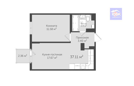 Квартира 37 м², 1-комнатная - изображение 1