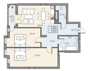 Квартира 84,7 м², 2-комнатная - изображение 1