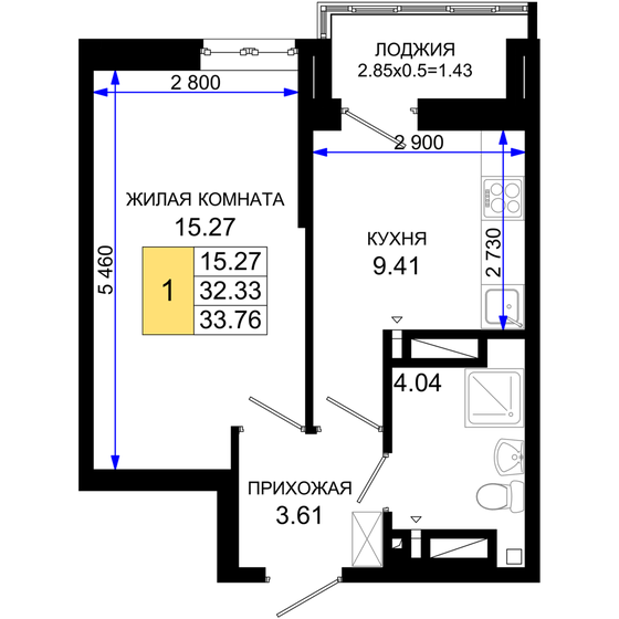 33,8 м², 1-комнатная квартира 4 388 800 ₽ - изображение 1