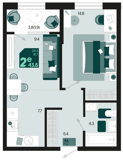 43,6 м², 2-комнатная квартира 5 755 200 ₽ - изображение 1