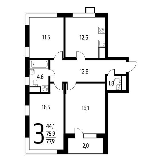77,9 м², 3-комнатная квартира 18 111 750 ₽ - изображение 1