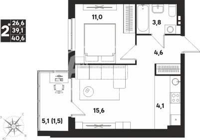 Квартира 38,5 м², 2-комнатная - изображение 1