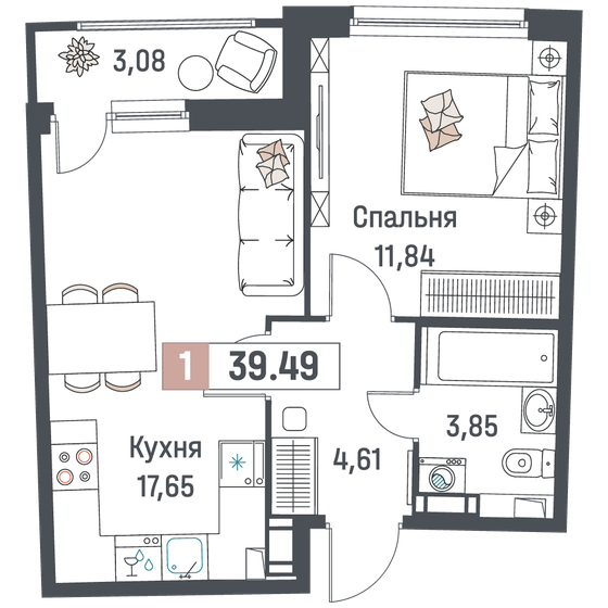 39,5 м², 1-комнатная квартира 6 022 225 ₽ - изображение 1
