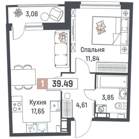 Квартира 39,5 м², 1-комнатная - изображение 1