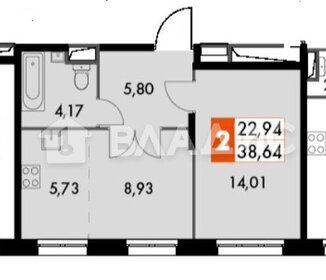 Квартира 38,6 м², 2-комнатные - изображение 1