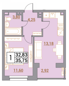 Квартира 35,8 м², 1-комнатная - изображение 1