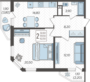 Квартира 62,5 м², 2-комнатная - изображение 1