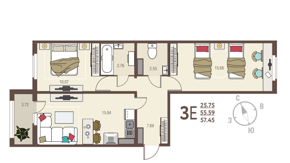 57,5 м², 2-комнатная квартира 5 170 500 ₽ - изображение 51
