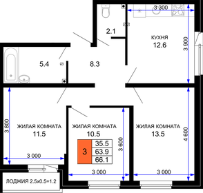 Квартира 66,1 м², 3-комнатная - изображение 1