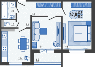 Квартира 62 м², 2-комнатная - изображение 1