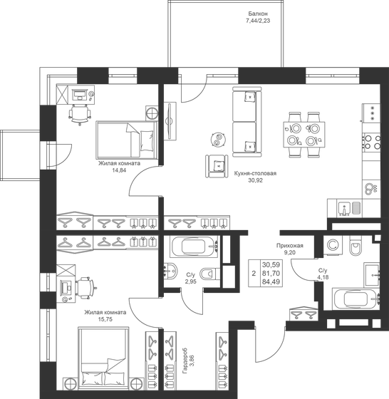 84,5 м², 2-комнатная квартира 12 420 030 ₽ - изображение 1