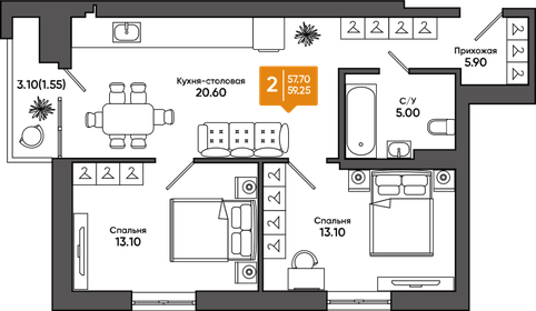 Квартира 59,3 м², 2-комнатная - изображение 1