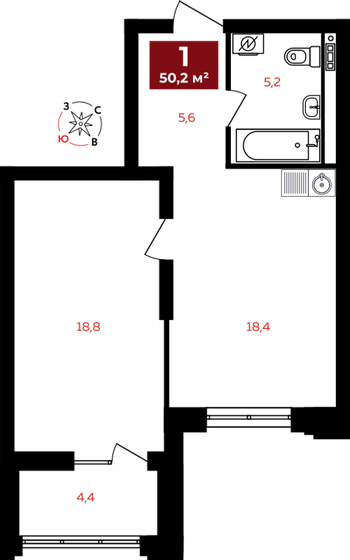 50,2 м², 1-комнатная квартира 11 546 000 ₽ - изображение 1