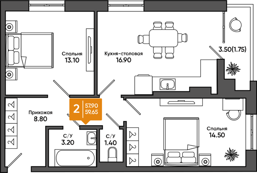 59,7 м², 2-комнатная квартира 6 074 300 ₽ - изображение 1