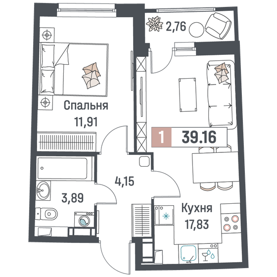 39,2 м², 1-комнатная квартира 6 755 100 ₽ - изображение 1