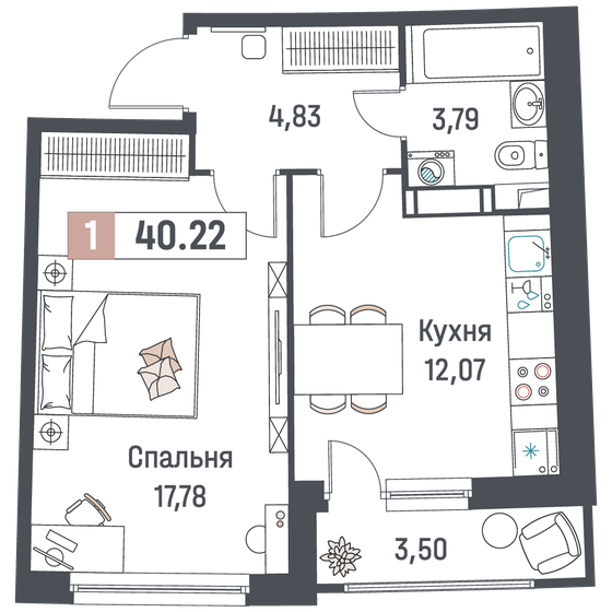 40,2 м², 1-комнатная квартира 6 833 378 ₽ - изображение 1