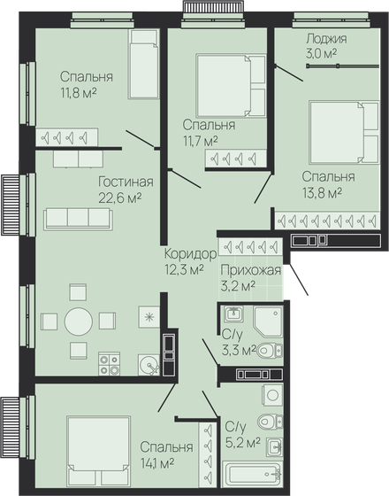 99,6 м², 4-комнатная квартира 25 298 400 ₽ - изображение 1