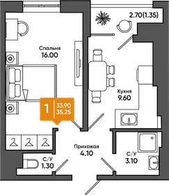 Квартира 35,3 м², 1-комнатная - изображение 1