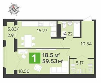 Квартира 59,5 м², 1-комнатная - изображение 1