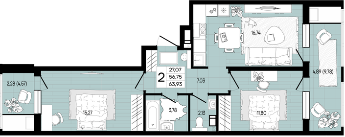 62 м², 2-комнатная квартира 5 400 000 ₽ - изображение 79