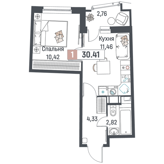 30,4 м², 1-комнатная квартира 5 391 693 ₽ - изображение 1