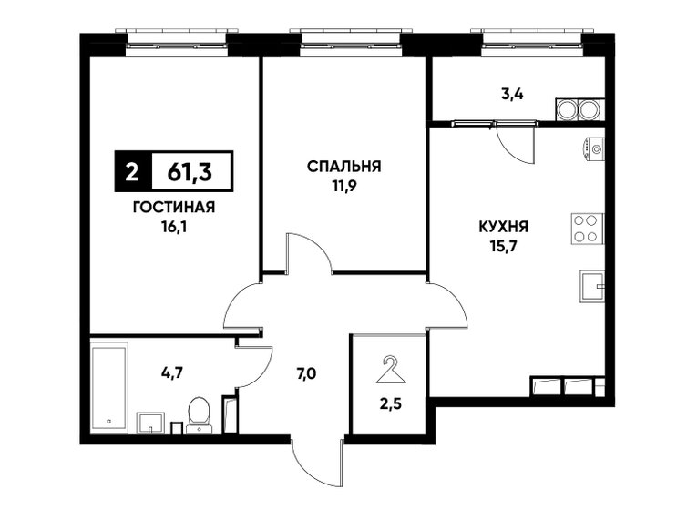 61,3 м², 2-комнатная квартира 5 517 000 ₽ - изображение 1