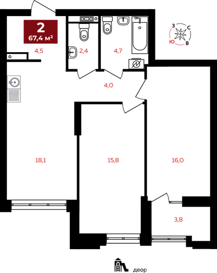 67,4 м², 2-комнатная квартира 13 143 000 ₽ - изображение 1