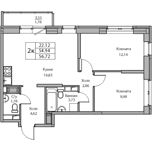 54,9 м², 2-комнатная квартира 9 908 984 ₽ - изображение 1