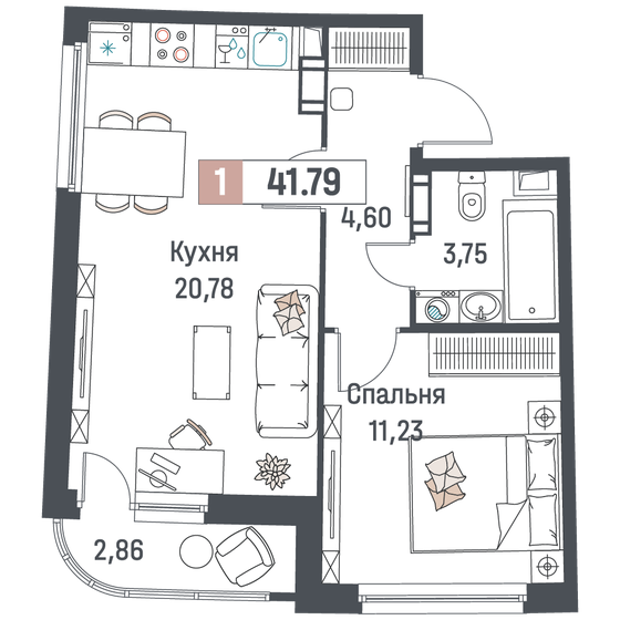 41,8 м², 1-комнатная квартира 7 020 720 ₽ - изображение 1