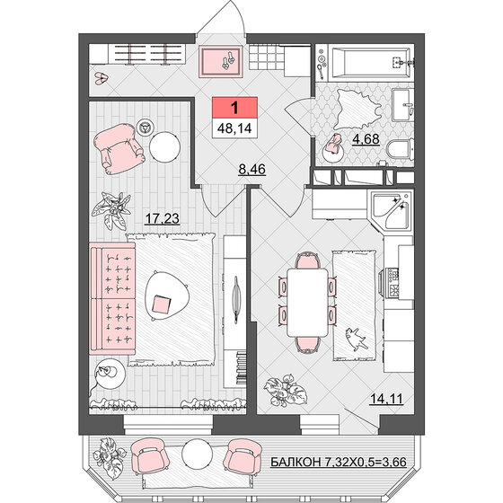 48,1 м², 1-комнатная квартира 6 498 900 ₽ - изображение 1