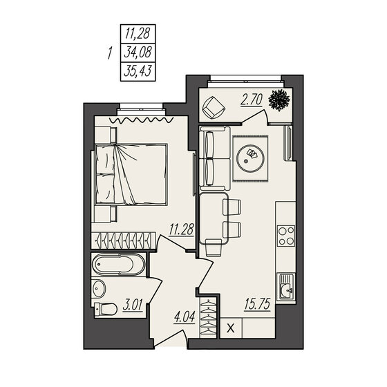 35,4 м², 1-комнатная квартира 5 314 500 ₽ - изображение 1