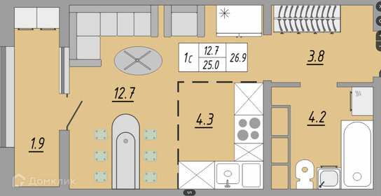 Квартира 27 м², студия - изображение 1