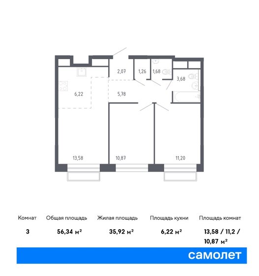 56,3 м², 2-комнатная квартира 9 603 136 ₽ - изображение 1