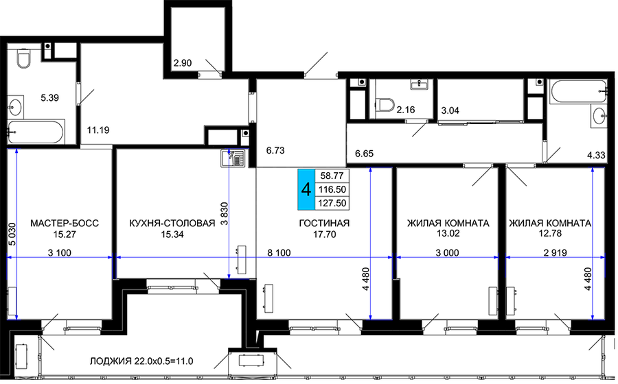 127,5 м², 4-комнатная квартира 15 172 500 ₽ - изображение 1