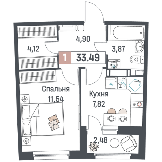 33,5 м², 1-комнатная квартира 5 924 381 ₽ - изображение 1